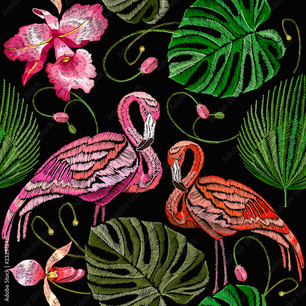 Obraz premium Embroidery flamingo, palm tree leaves, tropical seamless pattern. Fashionable template for design of clothes. Tropical embroidery pink flamingos, summer background
