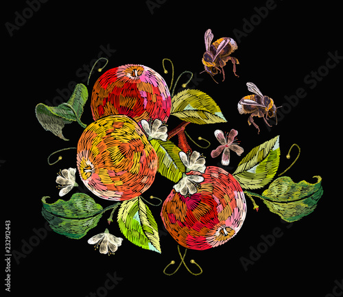 Embroidery apples and bumblebees. Fashion nature template for clothes, textiles, t-shirt design. Classical embroidery ripe apples on  branch, summer art