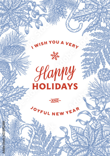 Hand-drawn Christmas card with winter plants and berries. 