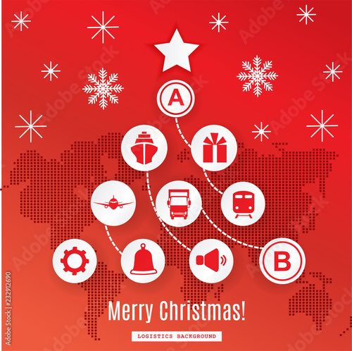 Christmas logistics card. Schematic christmas tree on schematic world map.White icons on red background.