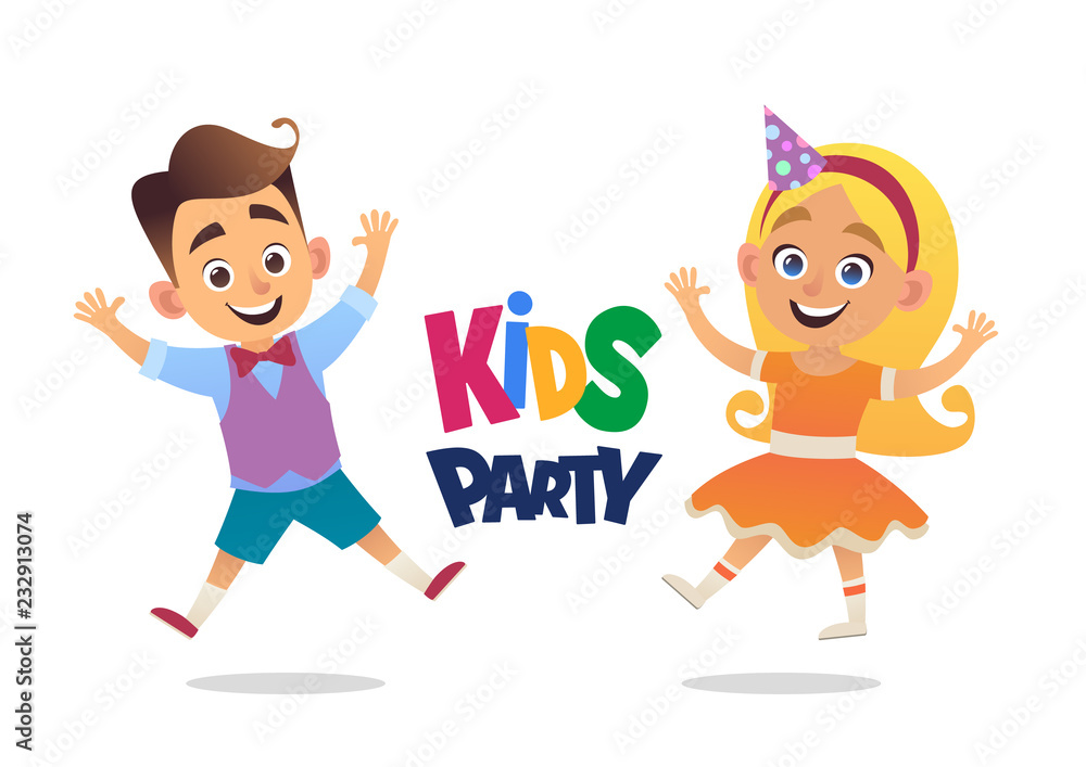 Boy and girl with birthday hats happily jumping with their hands up kids party Boy and girl with birthday hats happily jumping with their hands up kids party