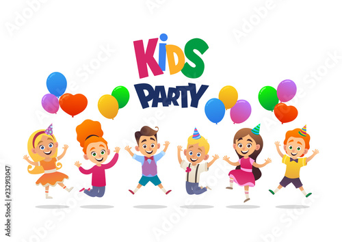 Boys and girls with the balloons and birthday hats happily jumping with their hands up kids party