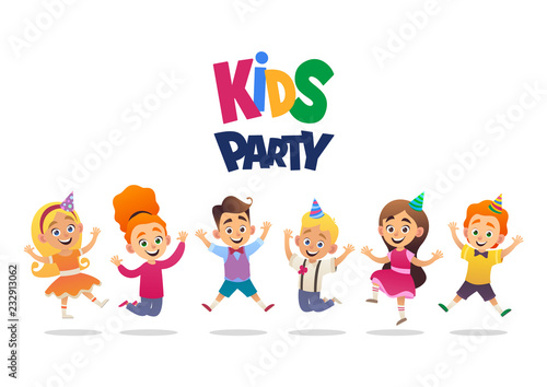 Boys and girls with birthday hats happily jumping with their hands up kids party