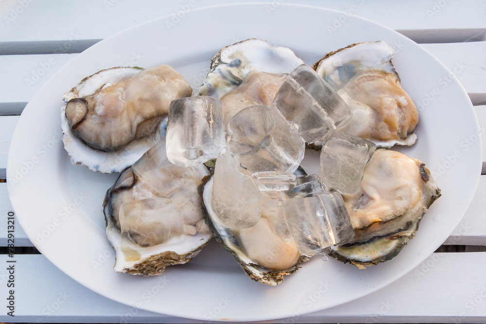 Big oysters clean and fresh in white table on white table. Big oysters clean and fresh in white table on white table.