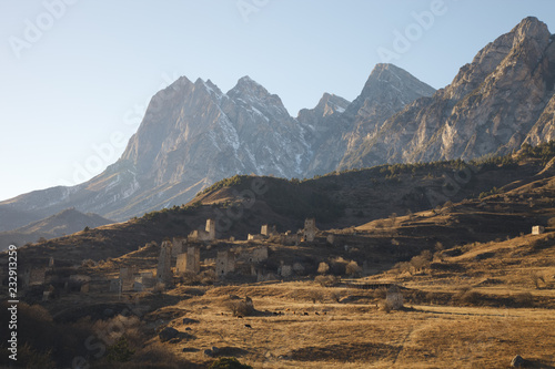 Ancient stone towers on a mountain slope. The Republic of Ingushetia.