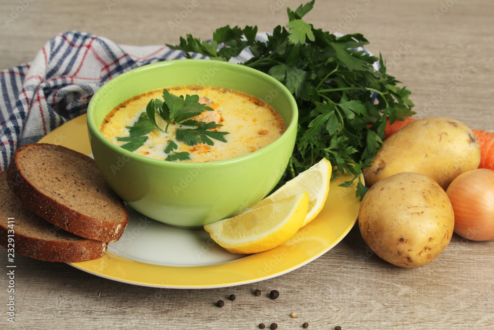 Creamy salmon soup, traditional dish for Scandinavian cuisine Creamy salmon soup, traditional dish for Scandinavian cuisine