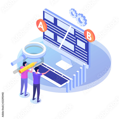 A-B comparison. Split testing isometric concept. Vector illustration.