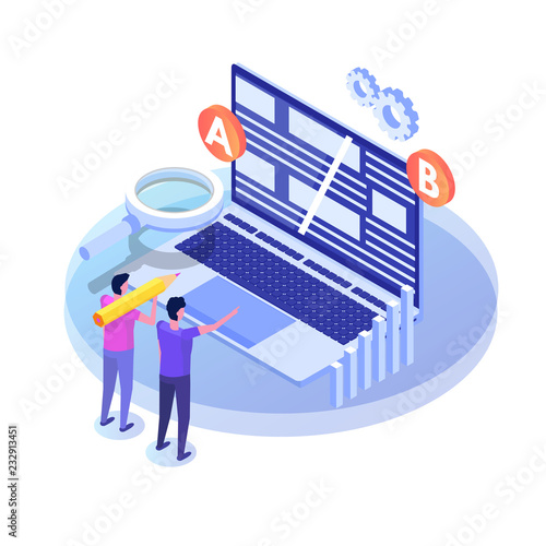 A-B comparison. Split testing isometric concept. Vector illustration.