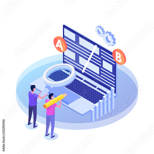 A-B comparison. Split testing isometric concept. Vector illustration.
