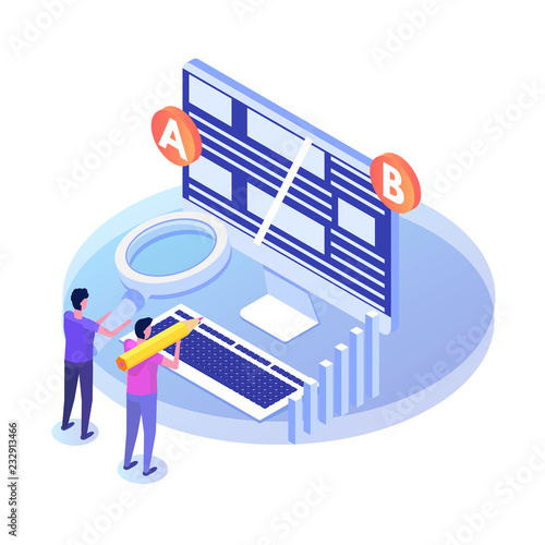 A-B comparison. Split testing isometric concept. Vector illustration.