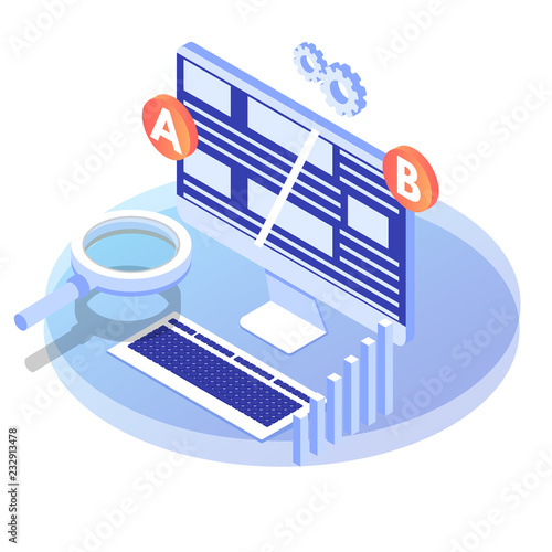 A-B comparison. Split testing isometric concept. Vector illustration.