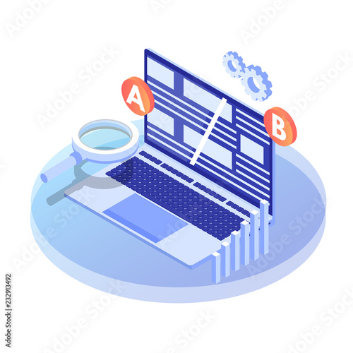 A-B comparison. Split testing isometric concept. Vector illustration.