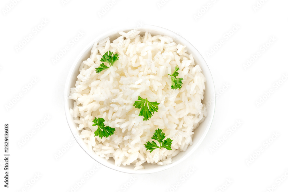 A photo of a bowl of cooked white long rice, shot from the top on a white background with a place for text A photo of a bowl of cooked white long rice, shot from the top on a white background with a place for text