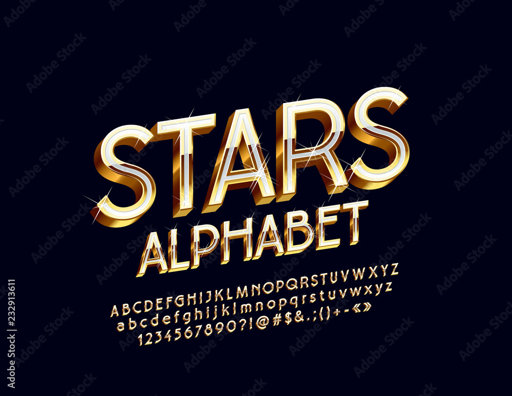 Fototapeta Vector Gold and White Chic Font with Stars. Luxury 3D Alphabet Letters, Numbers and Symbols.