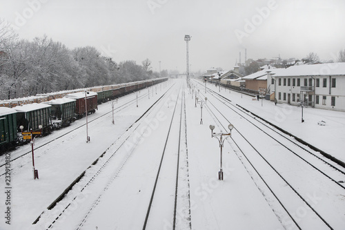 Railway track during heavy snowfall.