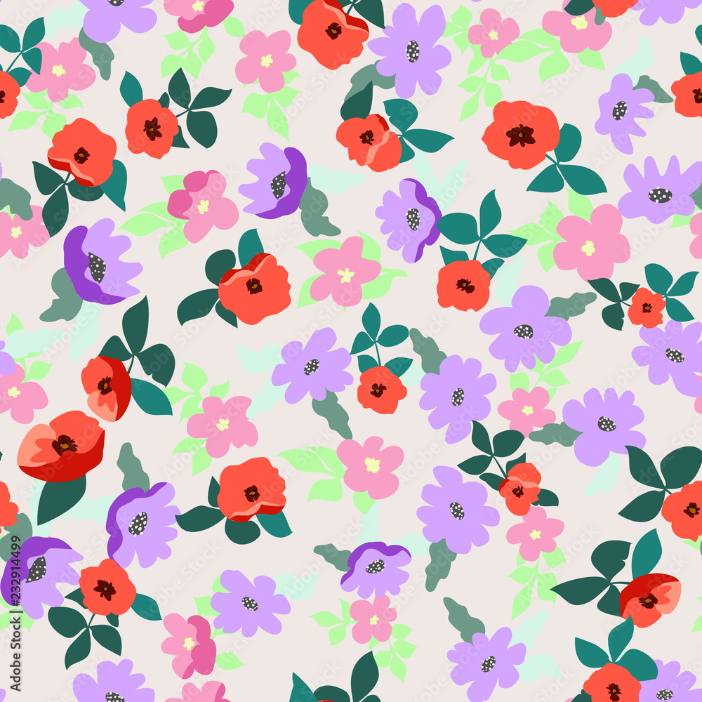 Small naive flowers seamless pattern. Chaotic order. Summer trendy floral background in liberty style. For textile, wallpaper, surface, print, gift wrap, scrapbooking, decoupage Small naive flowers seamless pattern. Chaotic order. Summer trendy floral background in liberty style. For textile, wallpaper, surface, print, gift wrap, scrapbooking, decoupage
