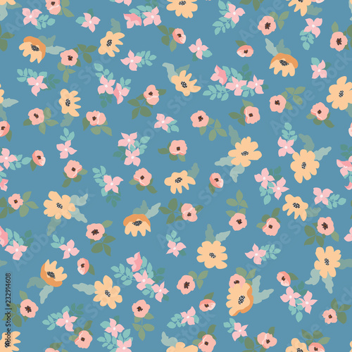 Small naive flowers seamless pattern. Chaotic order. Summer trendy floral background in liberty style. For textile, wallpaper, surface, print, gift wrap, scrapbooking, decoupage