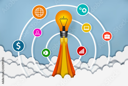 lamp launch to the sky. start up business concept ,financial idea are competing for success and corporate goal. creative. infographic.  vector illustration paper art