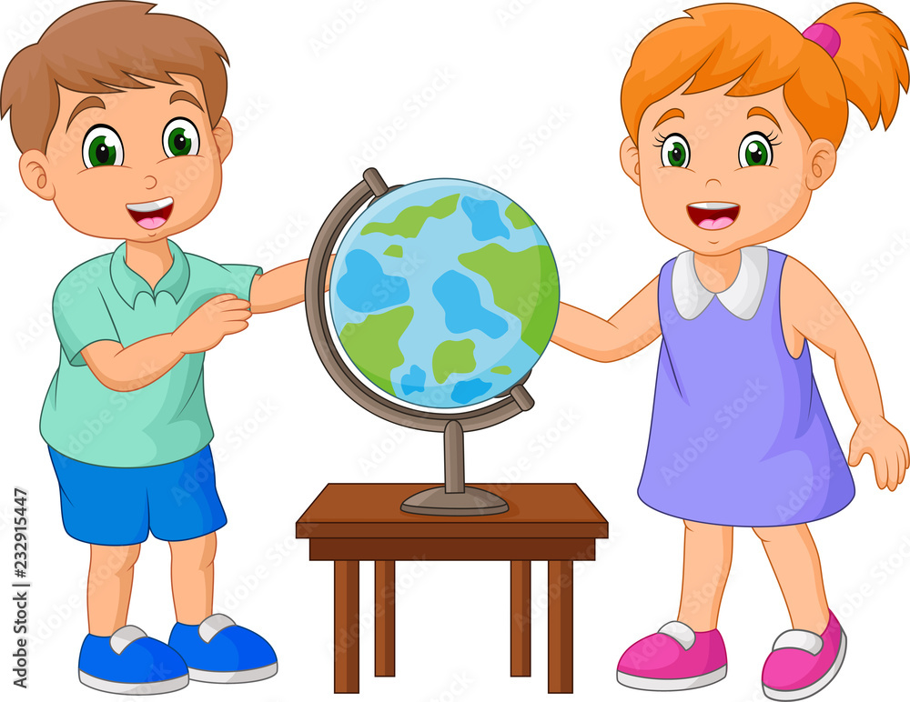 Fototapeta premium Cartoon children looking at globe on the table 
