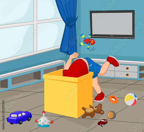 Cartoon little boy with toys in the box