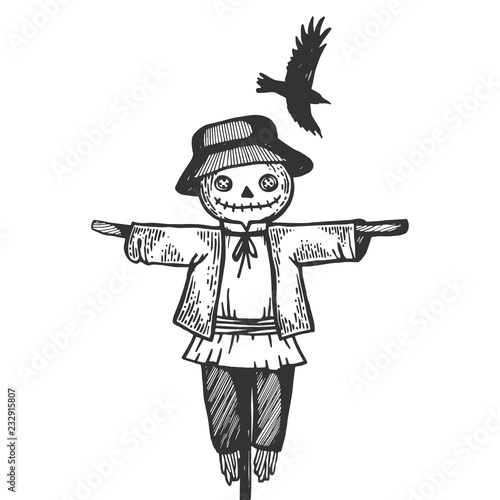 Farm rural scarecrow with flying crow bird engraving vector illustration. Scratch board style imitation. Black and white hand drawn image.
