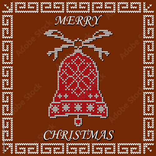 Vector pattern. Christmas bell with a bow in a frame with an inscription happy Christmas. Hand bell with shadow in knitted style. White outline on brown background