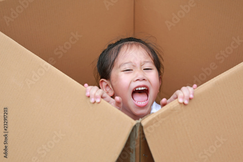 Tableau sur toile Happy little Asian child girl playing peekaboo and lie in big cardboard box