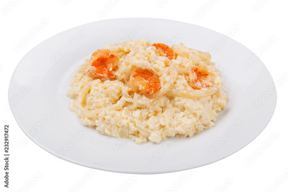 seafood risotto on the plate, italian food, on a white background, isolate