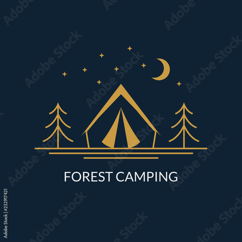 Camp logo. Forest camping emblem with tourist tent. Vector illustration.