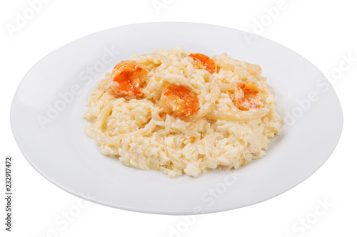 seafood risotto on the plate, italian food, on a white background, isolate