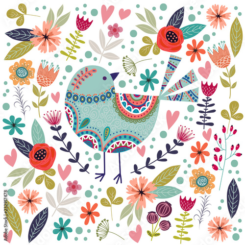 Art vector colorful illustration with beautiful abstract folk bird and flower