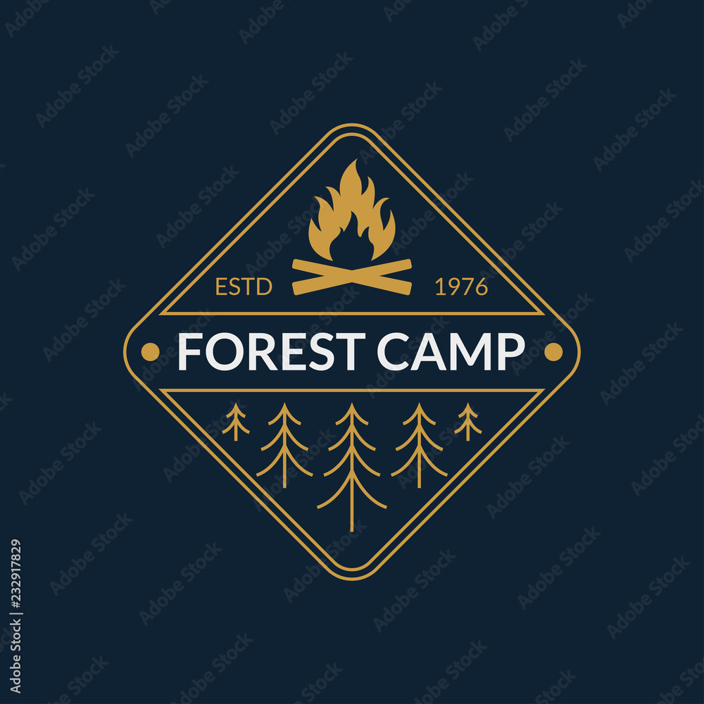 Camp badge. Forest camping emblem with fire and trees. Vector illustration.