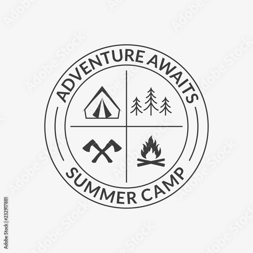 Camp logo. Round summer camping badge with adventure awaits slogan. Vector illustration.