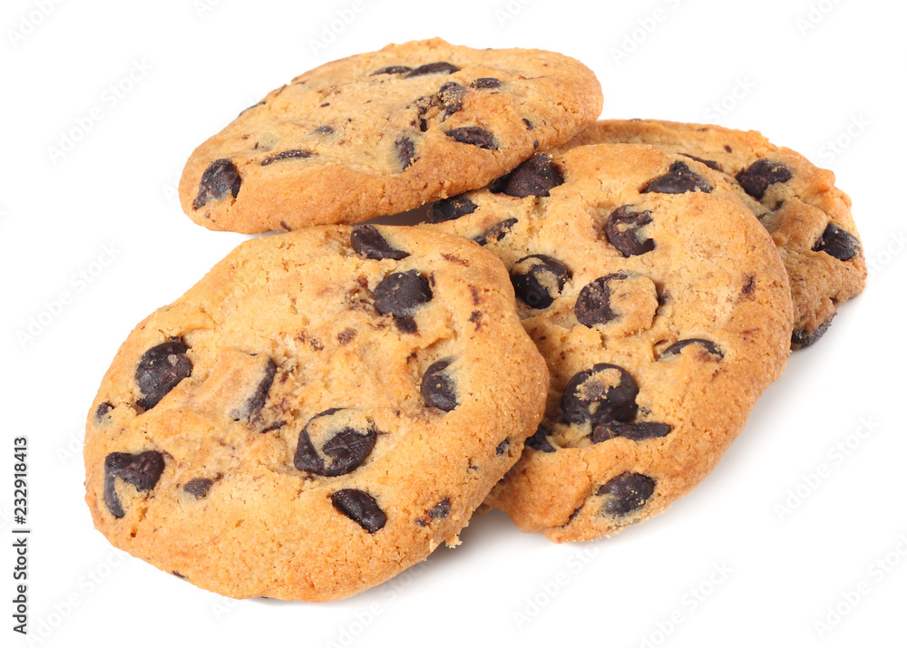 Chocolate chip cookies isolated on white background. Sweet biscuits. Homemade pastry.