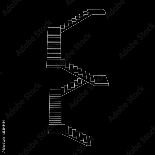 Staircase with platforms. Vector outline illustration.