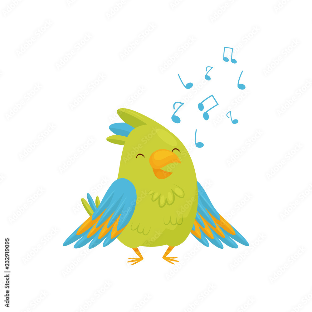Fototapeta premium Adorable green parrot singing song. Cartoon bird character with bright green and blue feathers. Flat vector icon