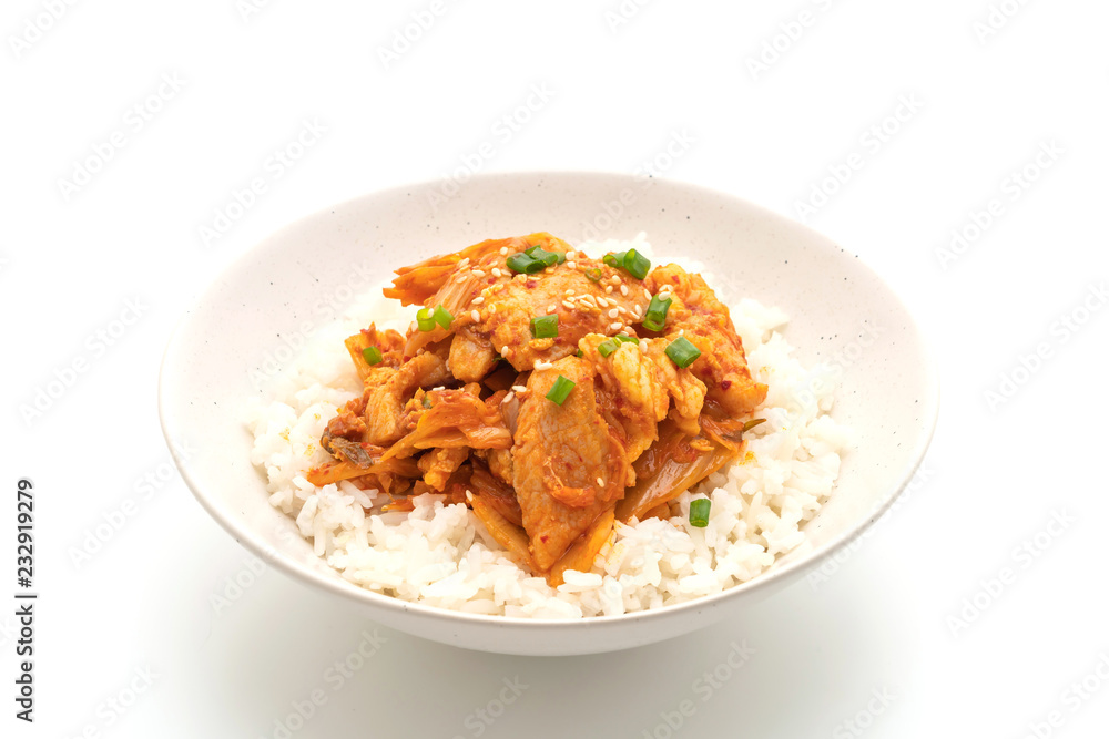 stir-fried pork with kimchi on topped rice isolated on white background stir-fried pork with kimchi on topped rice isolated on white background