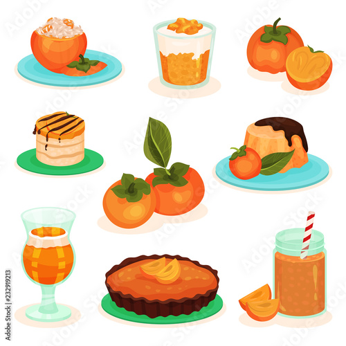 Flat vector set of persimmon drinks and food. Tasty fruit desserts. Cheesecake, cake, pudding and smoothie