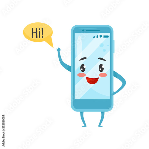 Blue humanized smartphone with funny face waving hand and saying Hi . Cartoon character. Flat vector icon