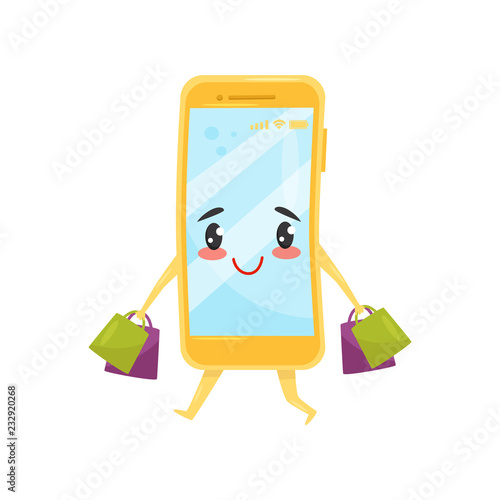 Funny humanized smartphone walking with shopping bags. Online buying. Cute cartoon character. Flat vector icon