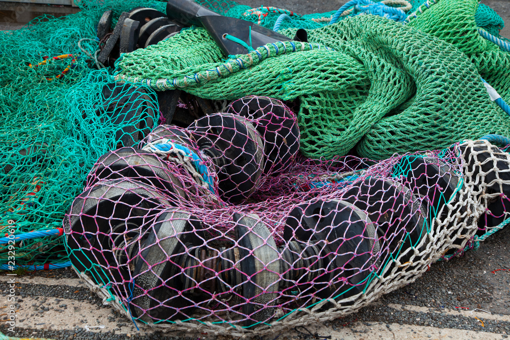 Colored fish nets in Granville harbor, France
