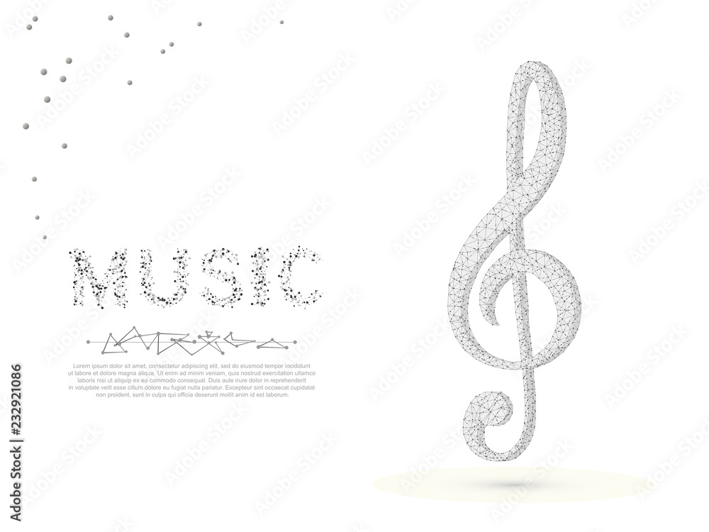 Obraz premium Treble clef. Incandescent lamp. Low poly wireframe illustration. Vector polygonal image, consisting of points, lines, triangles with destructing shapes on white background Music poster banner template