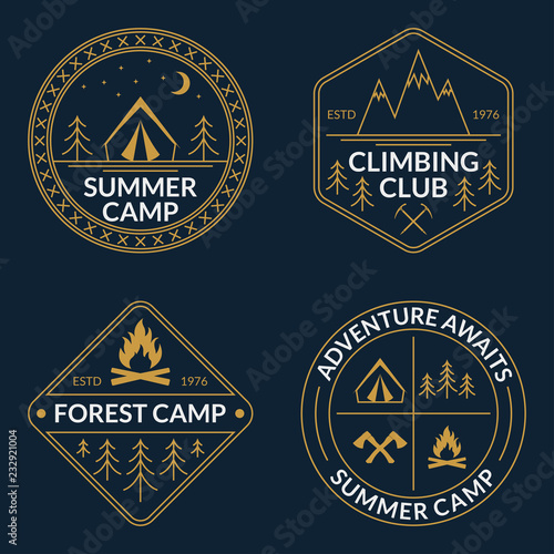 Camp logo set. Summer and forest camping badges. Mountain and Rock Climbing emblem. Vector illustration.