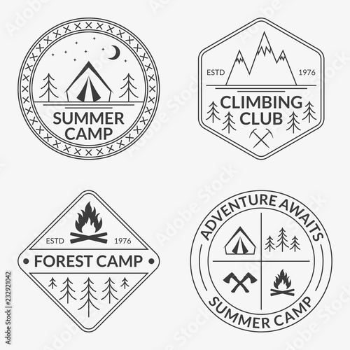 Camp logo set. Summer and forest camping badges. Mountain and Rock Climbing emblem. Vector illustration.