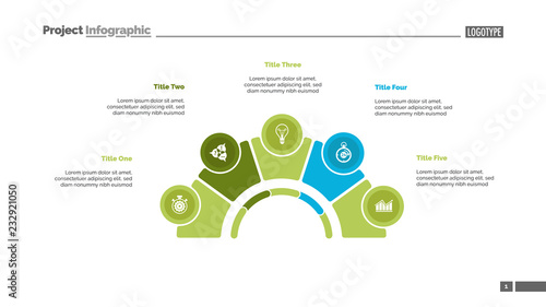 Process chart with five elements. Step diagram, pie chart, layout. Creative concept for infographics, presentation, project, report. Can be used for topics like management, strategy, planning.