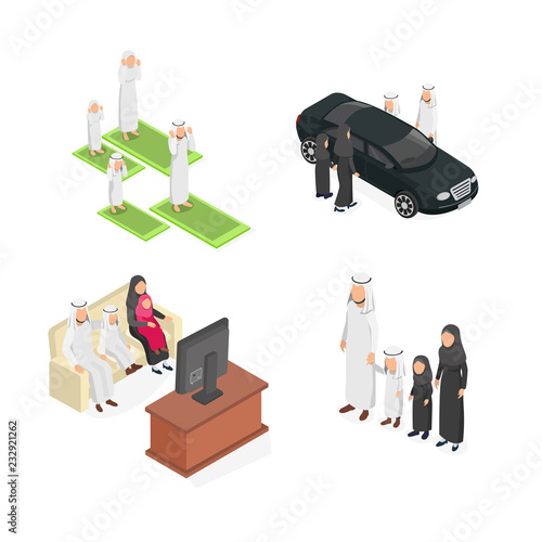 Set Happy Arabian Family Isometric Vector Flat 3D Illustration