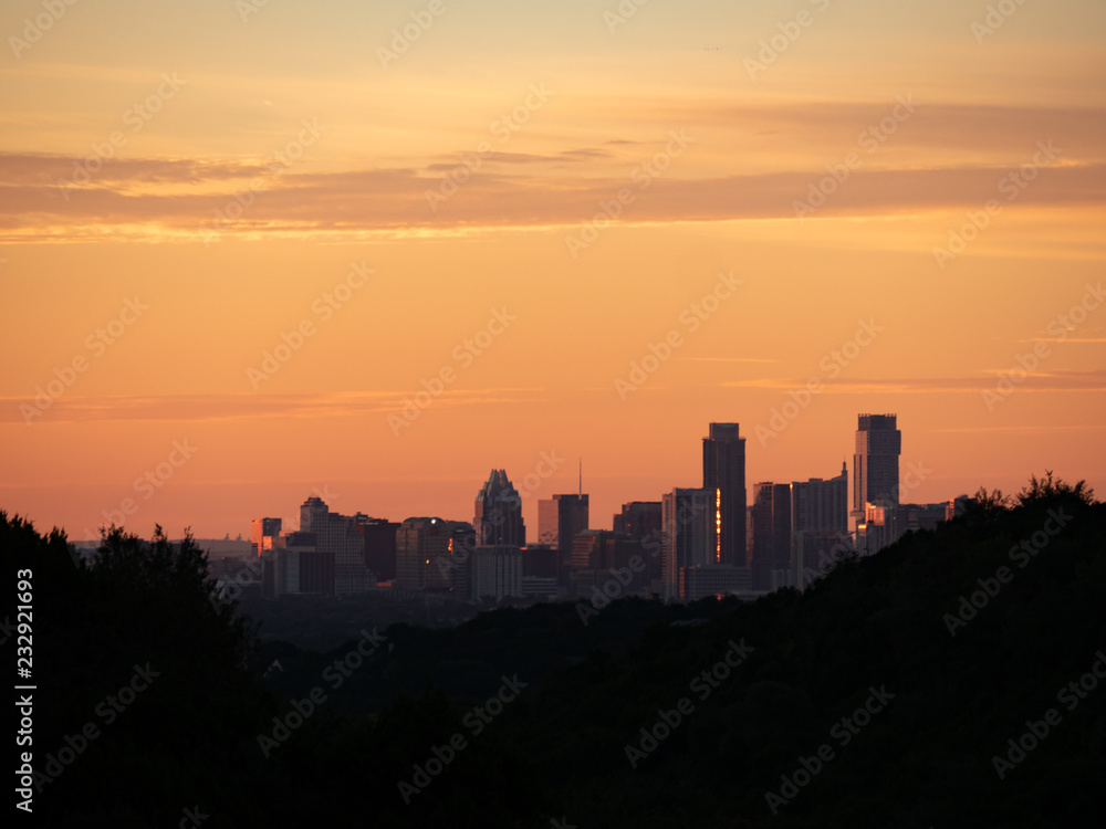 Golden sunrise over skyline of Austin, Texas