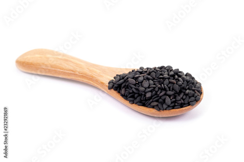 Close up black organic sesame on white background. Health food concept.
