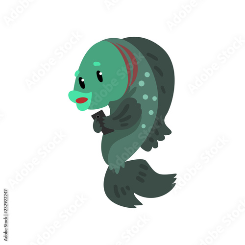 Fish with smartphone  cute animal cartoon character with modern gadget vector Illustration on a white background