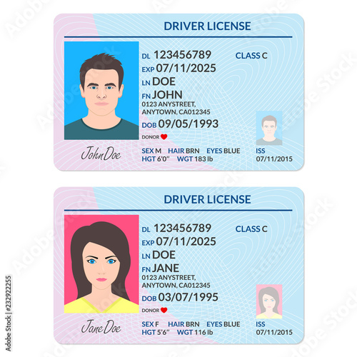 Driver license or ID card with man and woman photo. Identification  document template. Vector illustration.